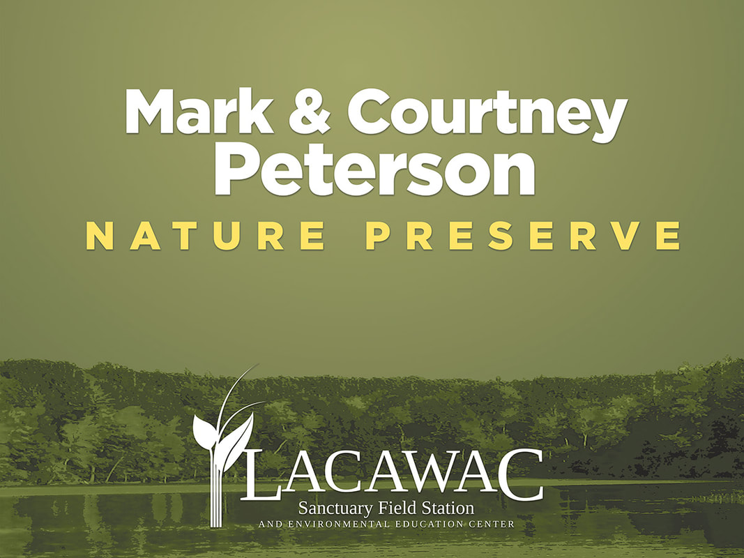 Sign for the Mark & Courtney Peterson Nature Preserve at Lacawac Sanctuary Field Station showing the preserve name with a green background and silhouette of trees and water.