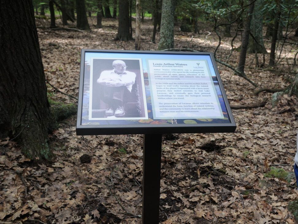Trailside sign with information about Arthur Watres