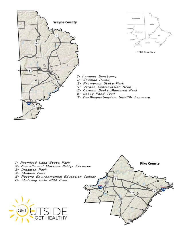 Wayne and Pike county maps showing trails to explore