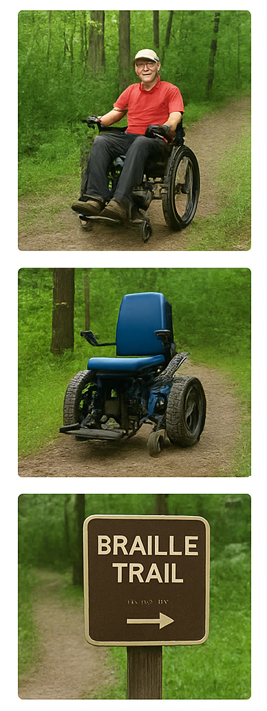 Collage showing an all-terrain wheelchair on a forest trail and a sign pointing to a Braille trail.”